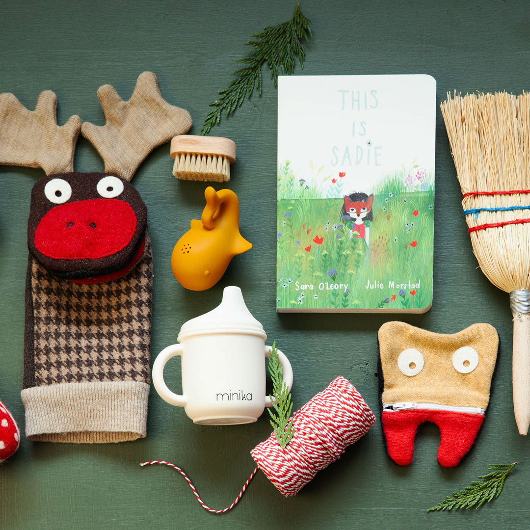 Collection of children's items including a reindeer toy, sippy cup, and book on a green surface.