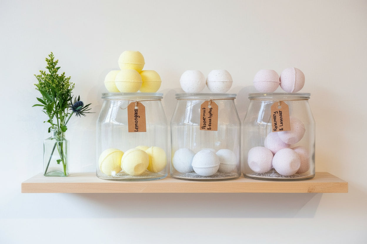 Three glass jars on a wooden shelf with decorative items inside, against a white wall.