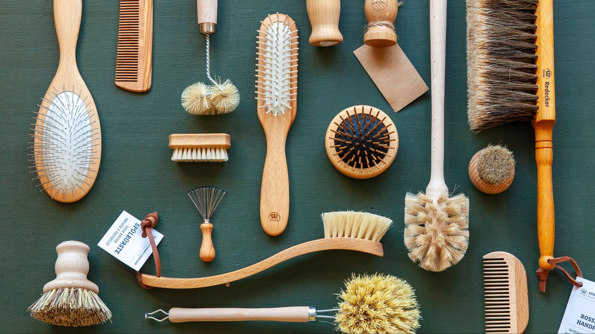 Collection of various brushes and grooming tools on a green background