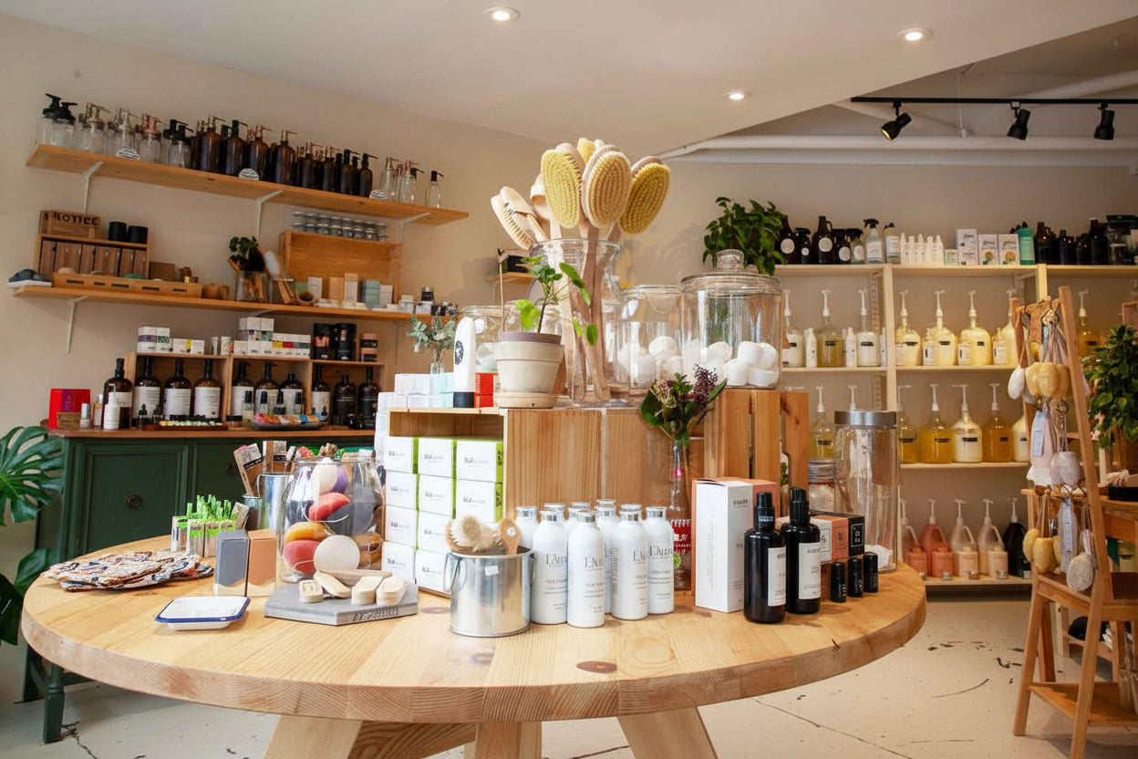 A vast wall of refill products and lifestyle goods as seen in Canary's storefront