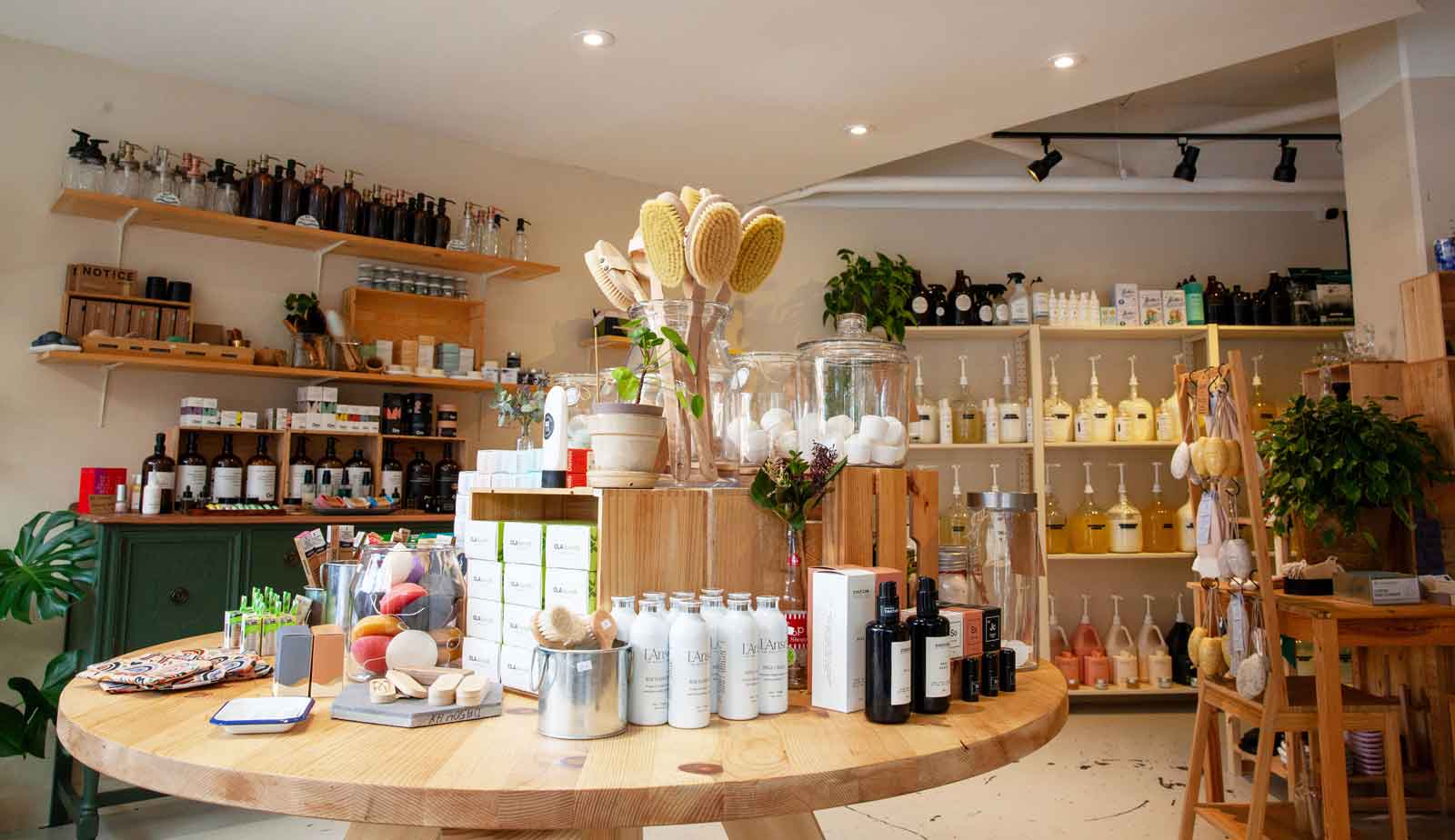 A vast wall of refill products and lifestyle goods as seen in Canary's storefront