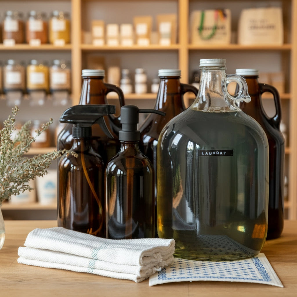 Set of glass bottles with labels on a wooden surface against a tiled wall.