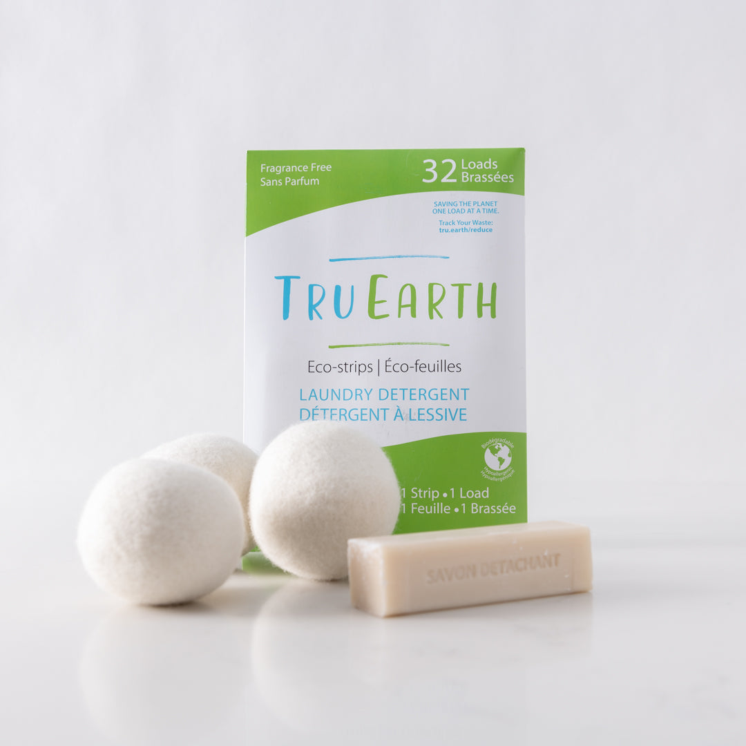 A collection of Tru Earth Laundry Strips and Dryer Balls